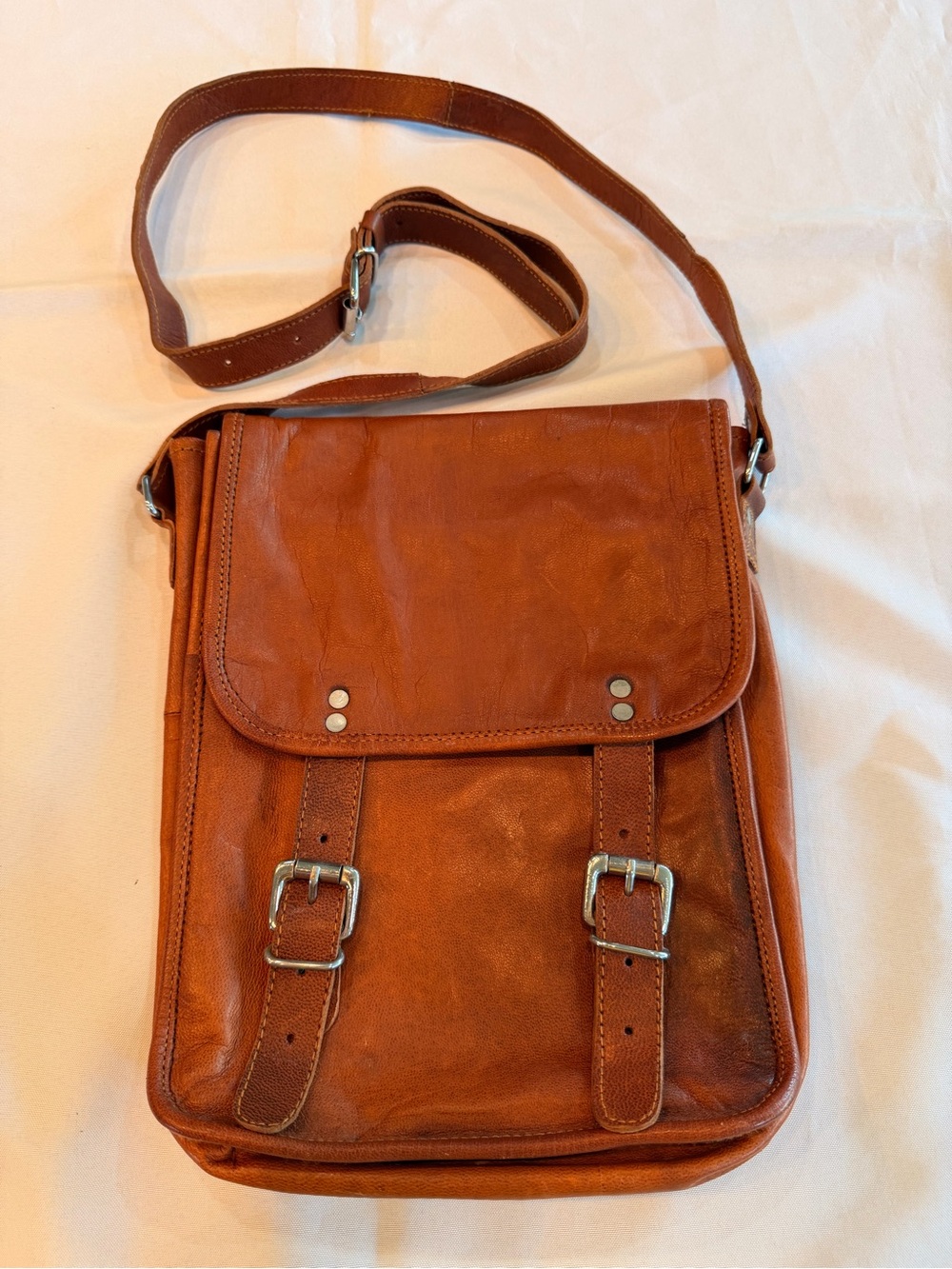 Vintage Brown Genuine Leather Messenger Long Satchel Bag with Front Buckles